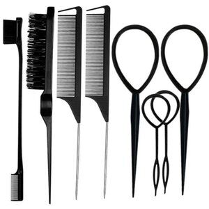 8-Piece Black Hair Styling Tool Set Edge Brush, Rat Tail Combs & Loop Puller
